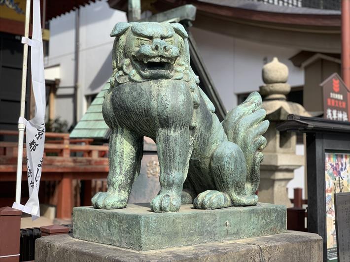 浅草神社の拝殿前の狛犬・右側